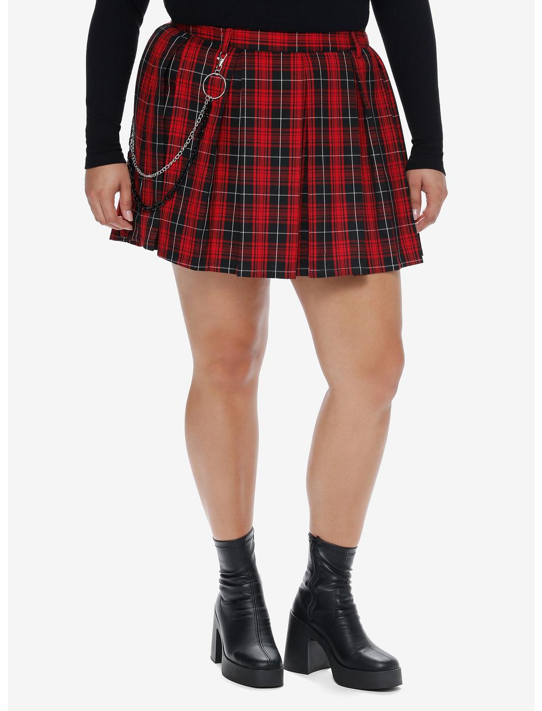 Social Collision Red Plaid Side Chain Pleated Skirt Plus Size, BLACK, hi-res