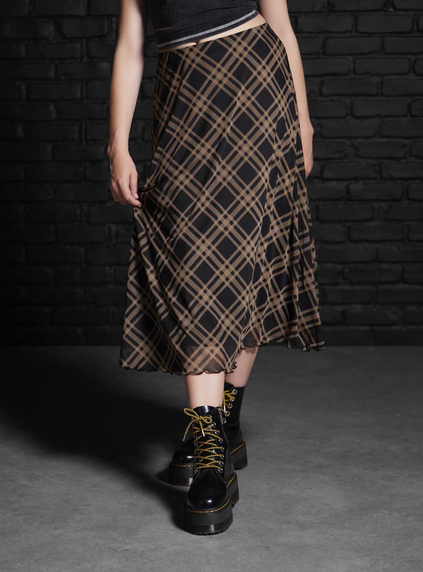 Social Collision Black & Brown Plaid Midi Skirt, , hi-res