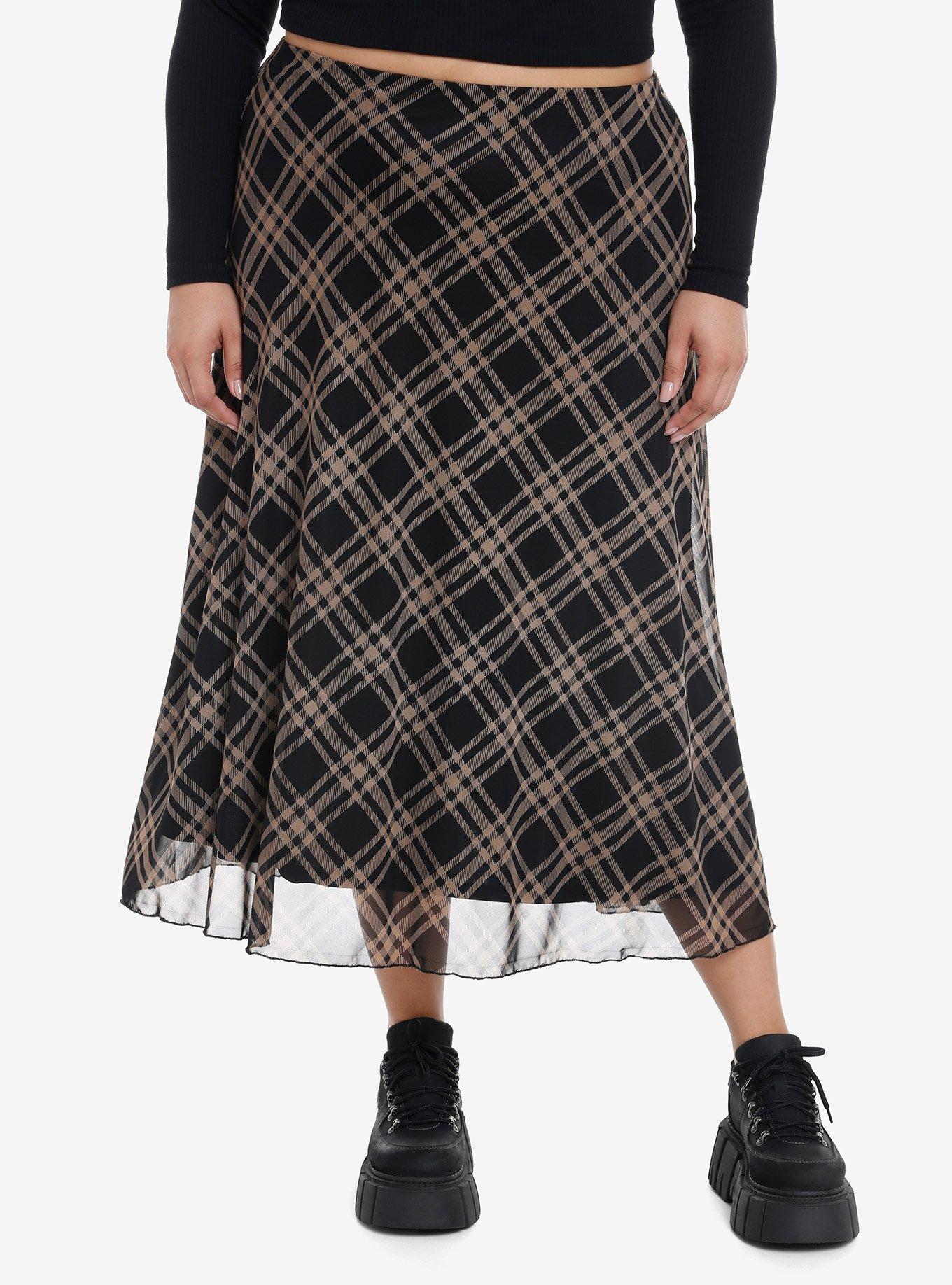 Social Collision Black & Brown Plaid Midi Skirt Plus Size, , hi-res