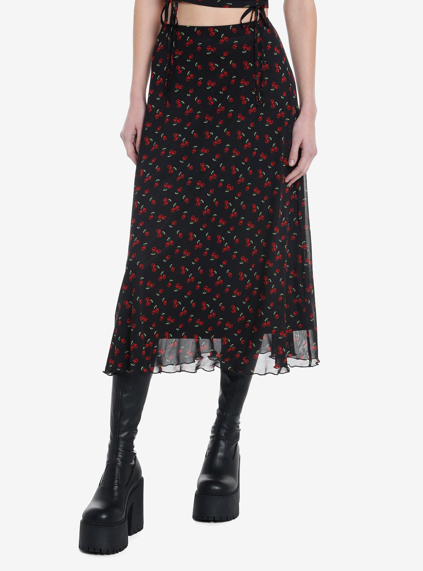 ●High School Disco● Fog long mesh skirt (Cherry) Social Collision Skull Cherry Midi Skirt | Hot Topic