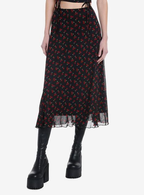●High School Disco● Fog long mesh skirt (Cherry) Social Collision Skull Cherry Midi Skirt | Hot Topic