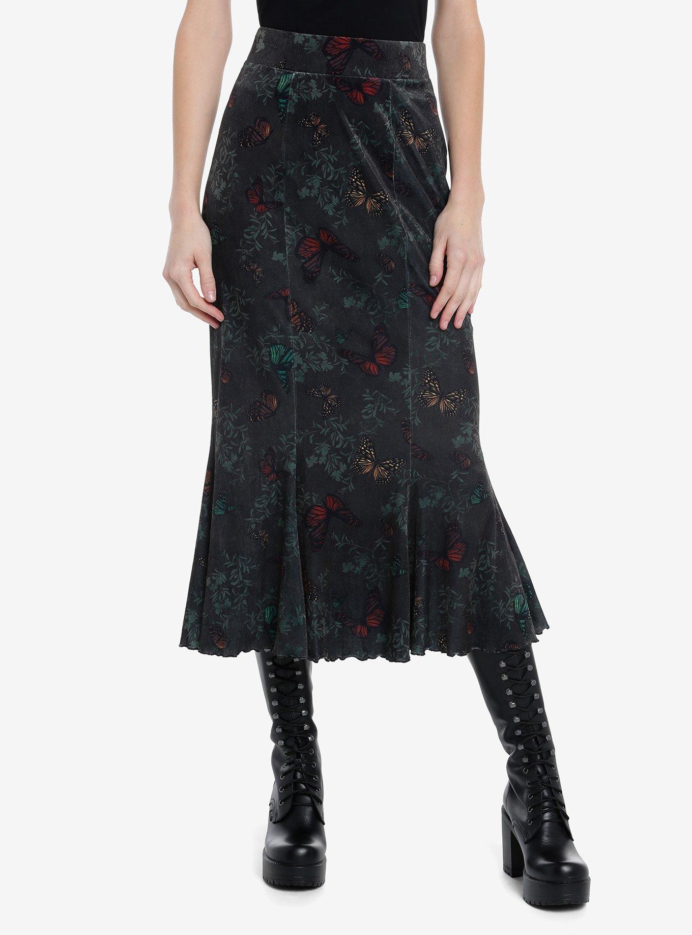 Thorn & Fable Butterfly Velvet Mermaid Midi Skirt, ORANGE, hi-res