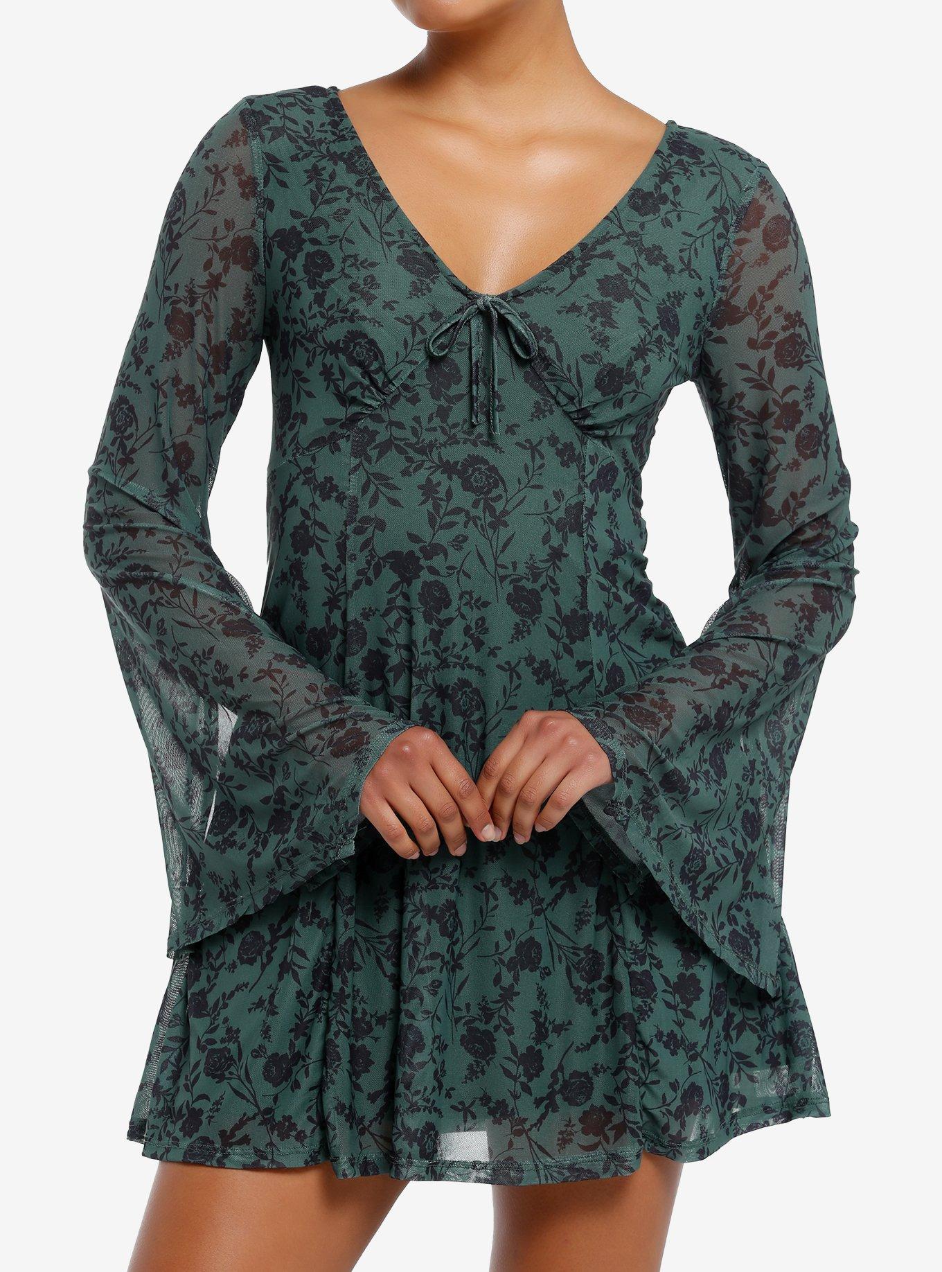 Thorn & Fable Olive Flower Bell Sleeve Dress, BLACK, hi-res