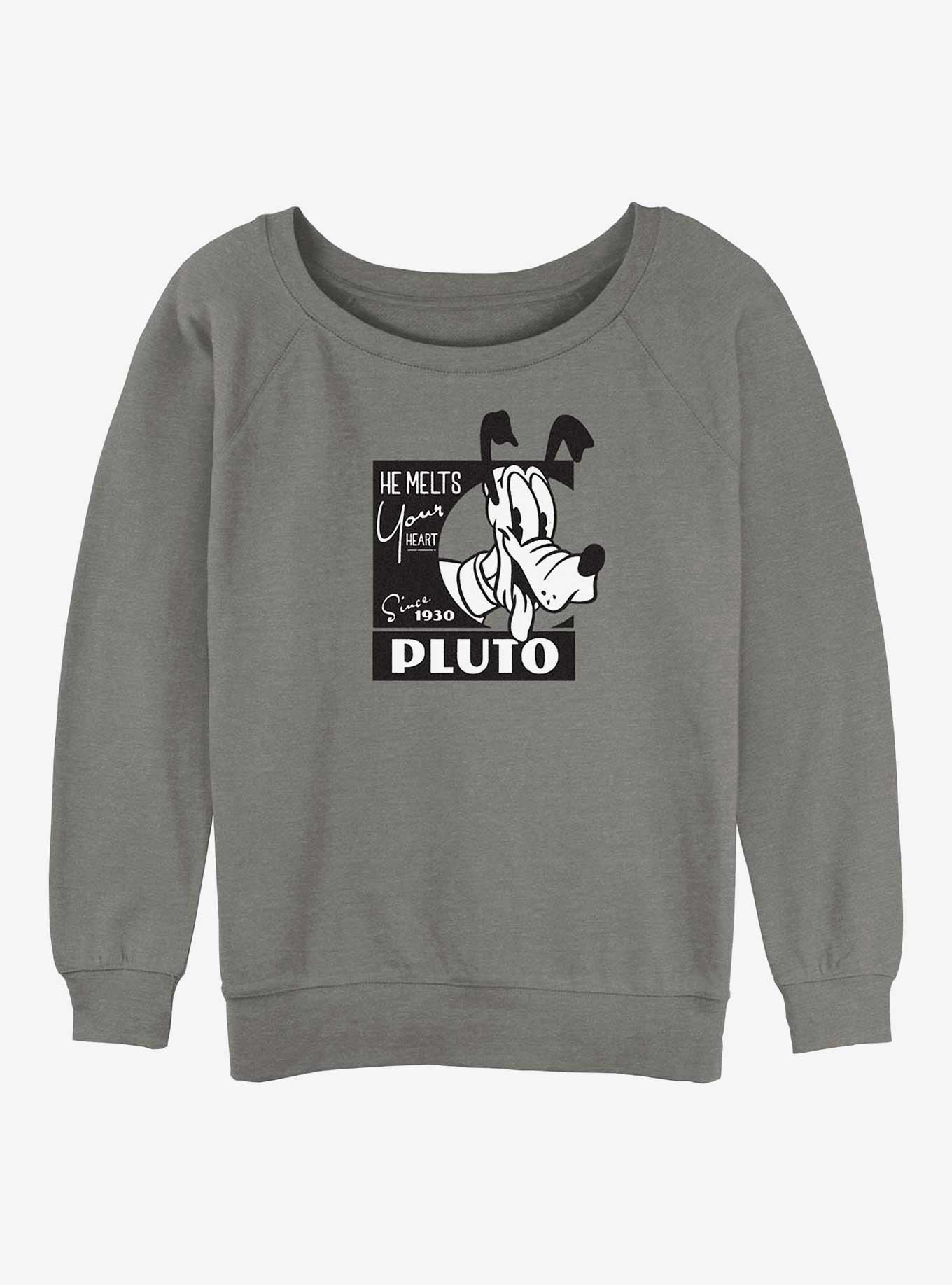 Disney100 Pluto Melts Your Heart Womens Slouchy Sweatshirt, GRAY HTR, hi-res