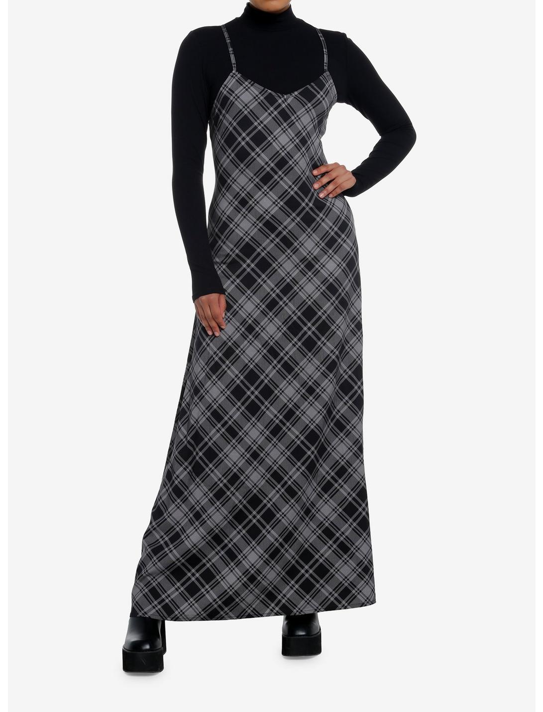 Social Collision Black & Grey Plaid Twofer Long-Sleeve Maxi Dress, GREY, hi-res