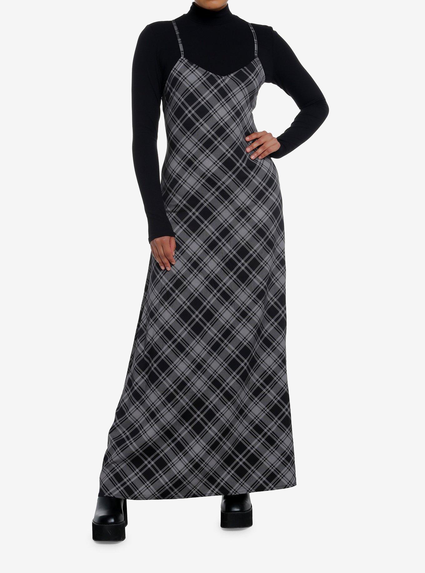 Social Collision Black & Grey Plaid Twofer Long-Sleeve Maxi Dress, GREY, hi-res