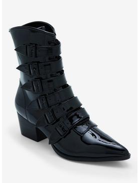 Strange Cvlt Shiny Black Strap Coven Boots, , hi-res
