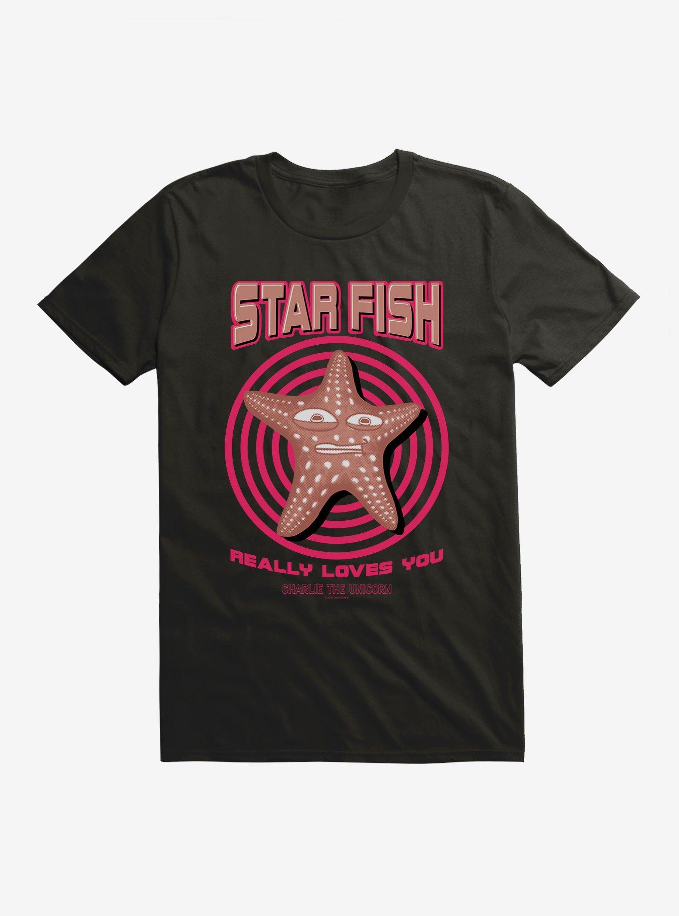 Charlie The Unicorn Star Fish Really Loves You T-Shirt, BLACK, hi-res