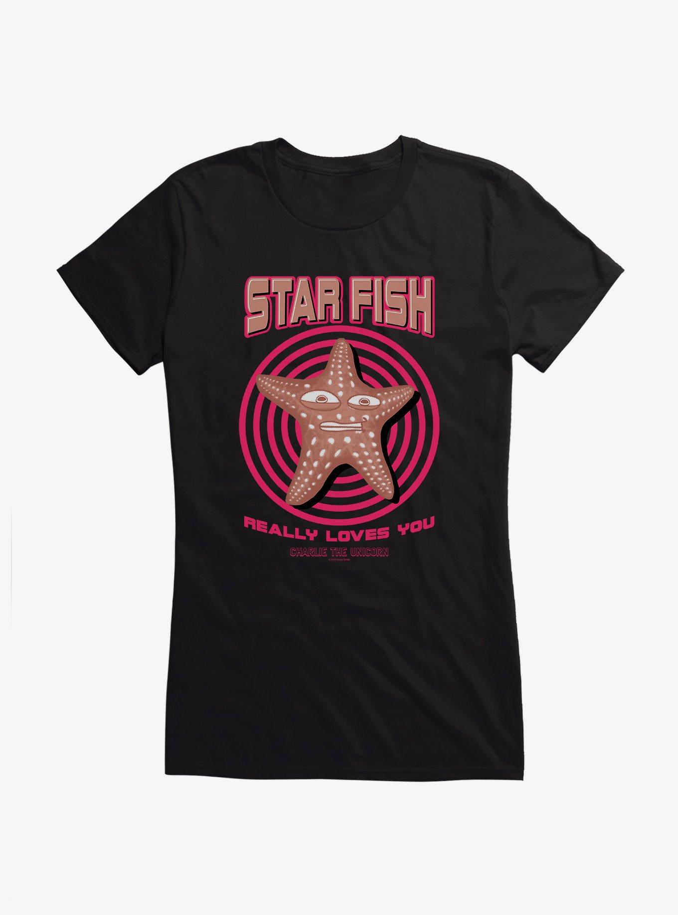 Charlie The Unicorn Star Fish Really Loves You Girls T-Shirt, BLACK, hi-res