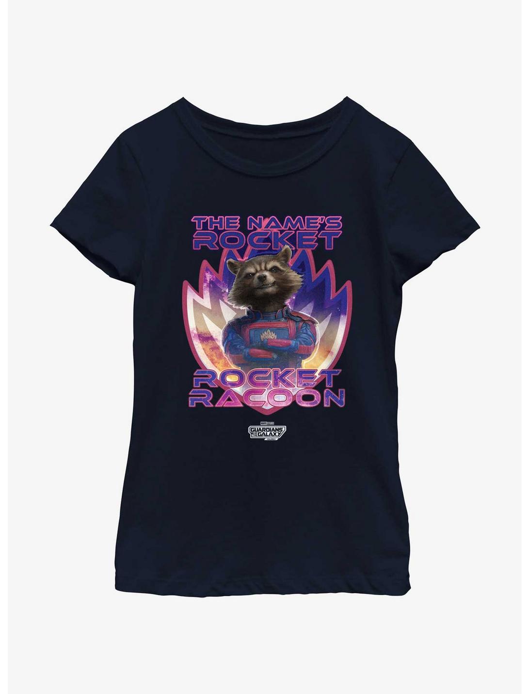 Guardians Of The Galaxy Vol. 3 The Name's Rocket Racoon Youth Girls T-Shirt, NAVY, hi-res