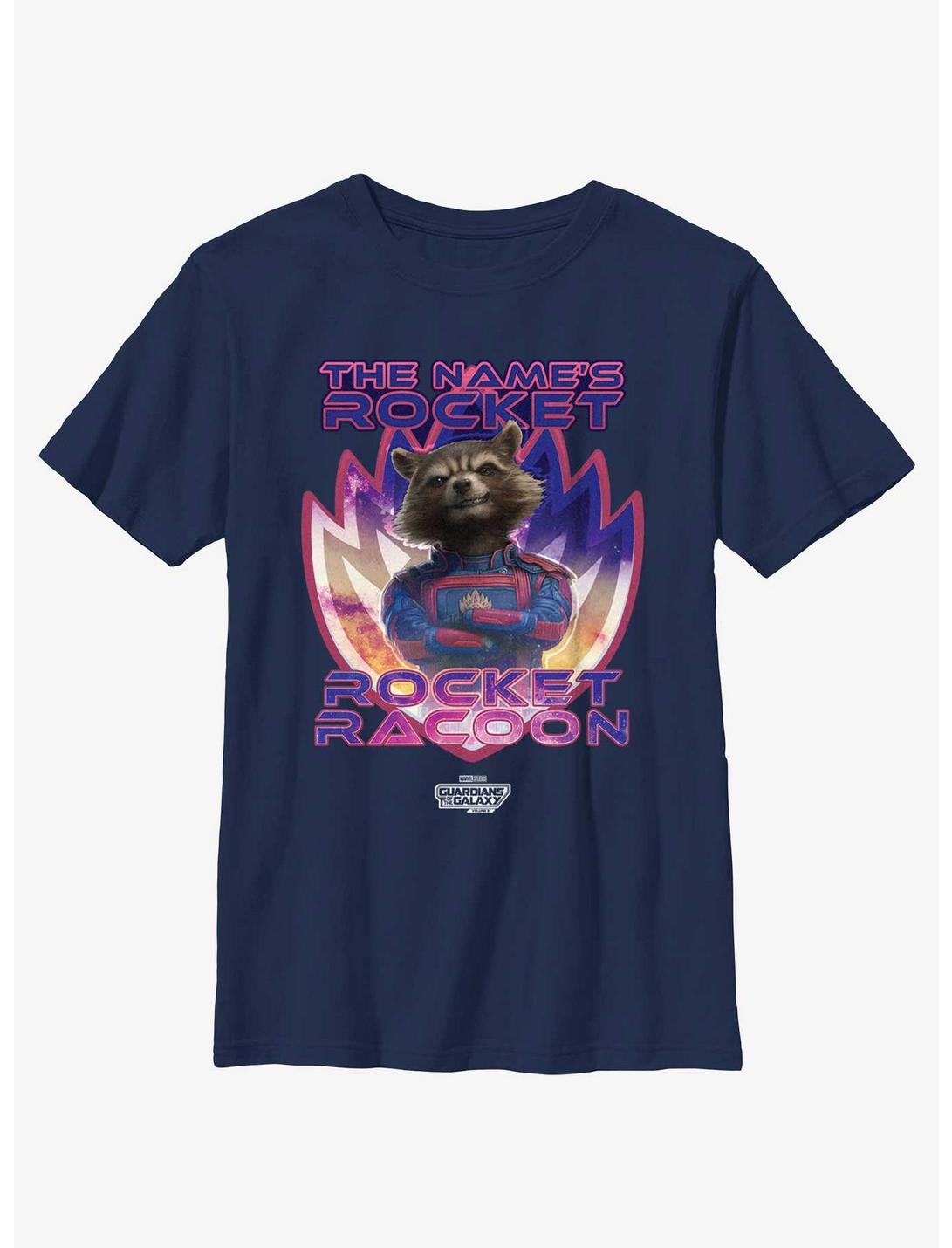 Guardians Of The Galaxy Vol. 3 The Name's Rocket Racoon Youth T-Shirt, NAVY, hi-res