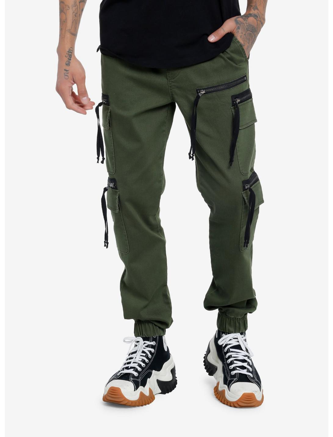 Olive Zipper Cargo Pocket Jogger Pants, OLIVE, hi-res