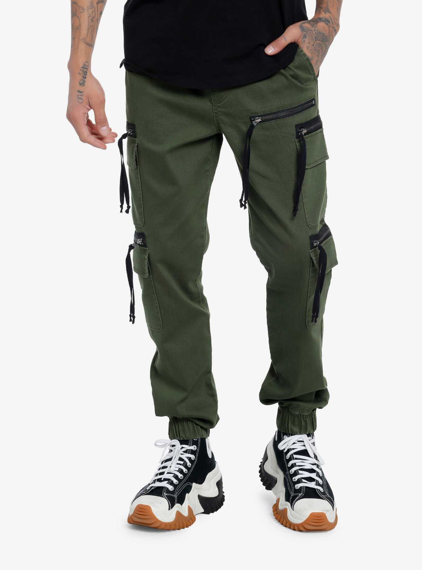 Olive Zipper Cargo Pocket Jogger Pants, , hi-res