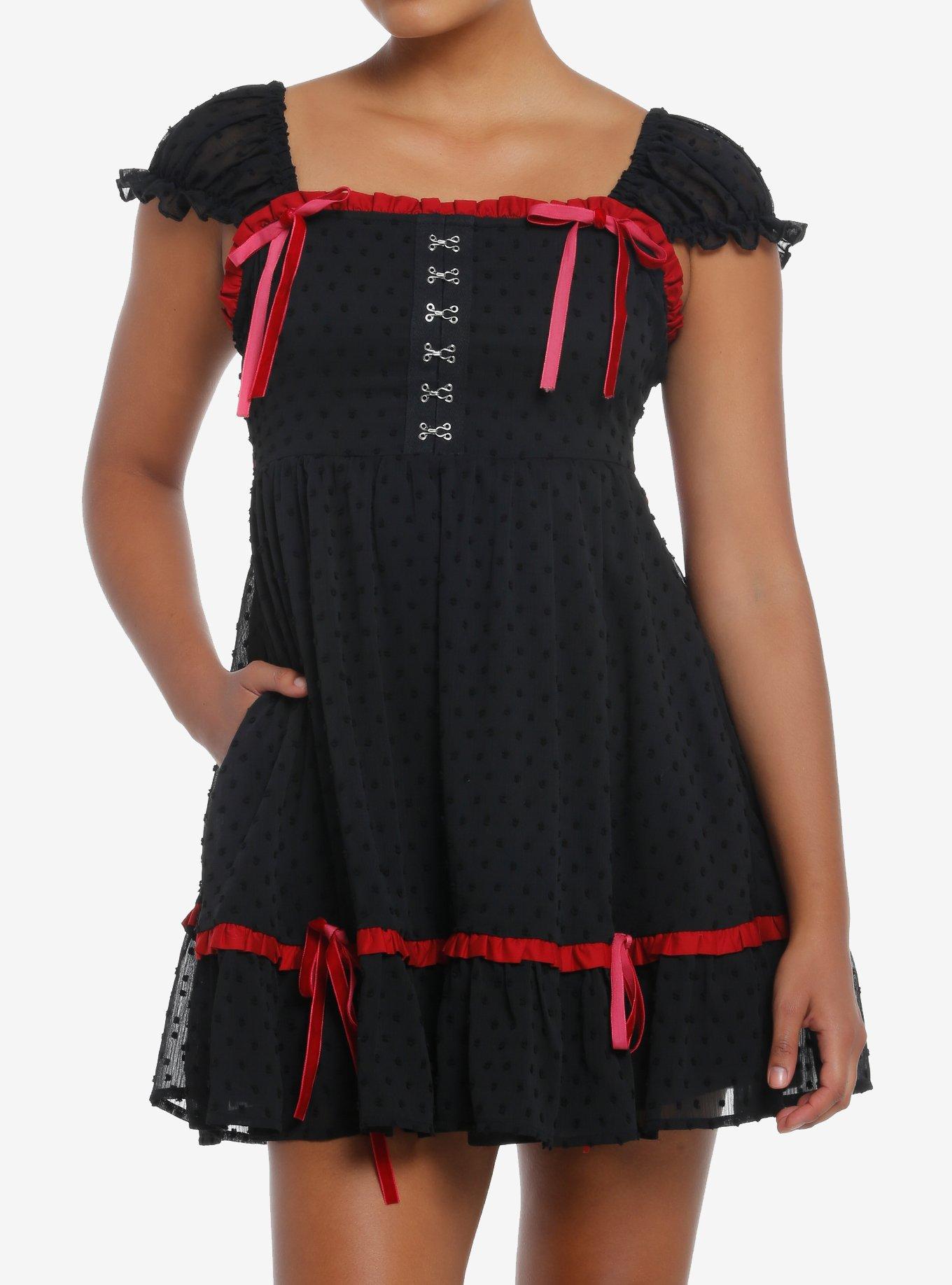 Social Collision Black & Red Bows Ruffle Mini Dress, RED, hi-res