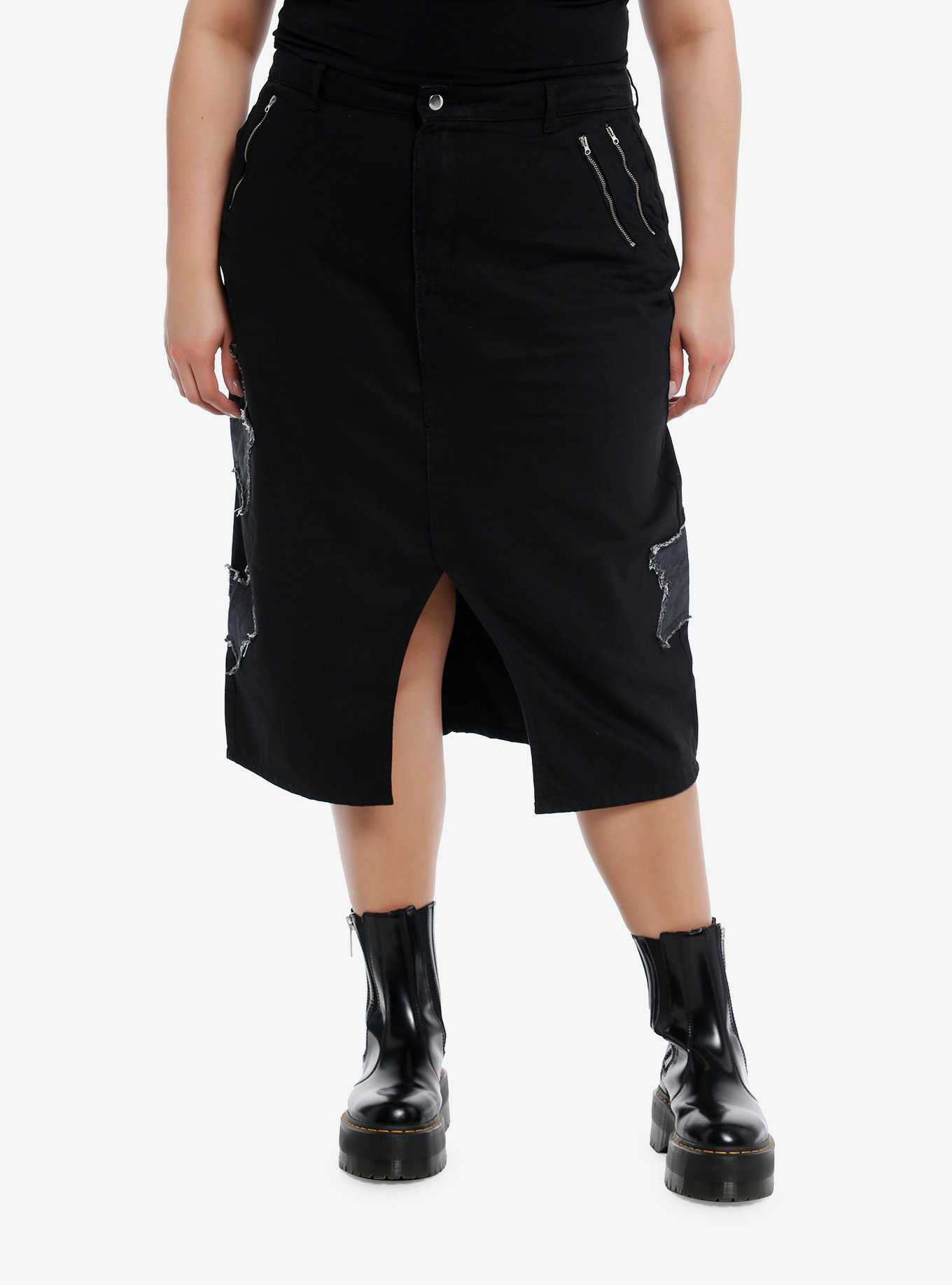 Daisy Street Star Patch Black Denim Midi Skirt Plus Size, , hi-res