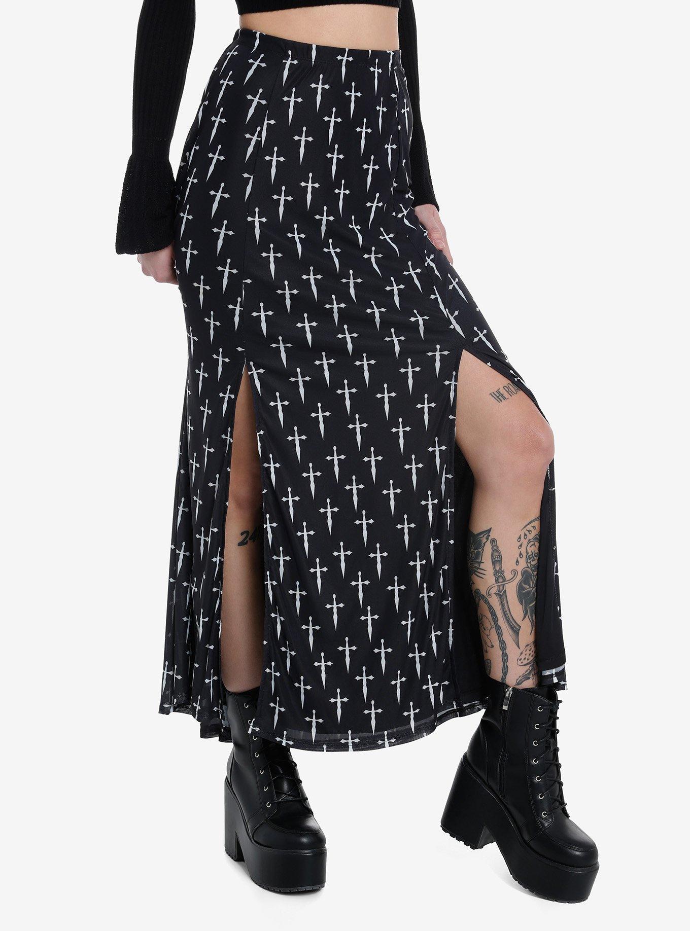 Social Collision Daggers Allover Print Front Slit Maxi Skirt