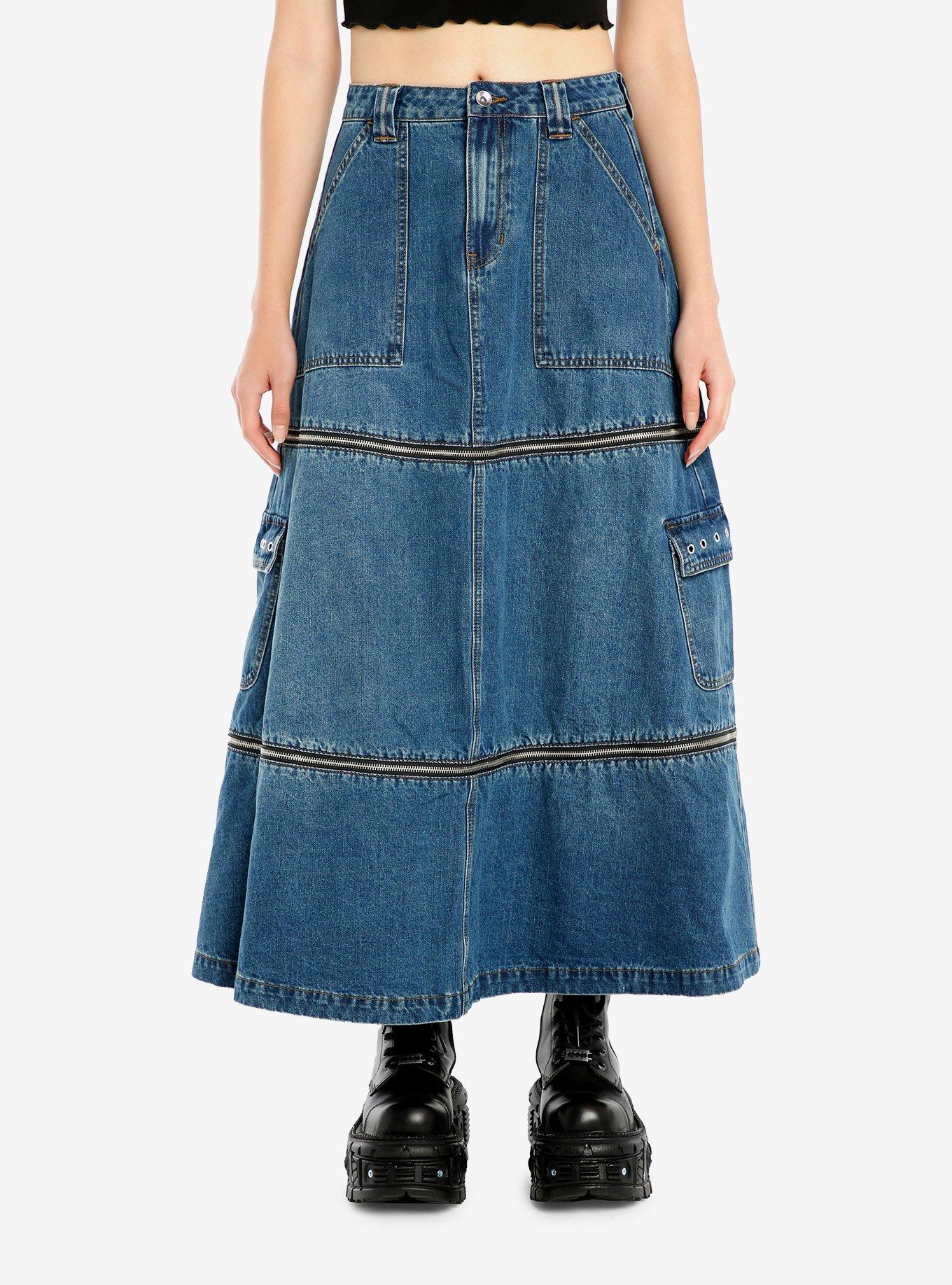 Social Collision Zip-Off Denim Cargo Maxi Skirt, INDIGO, hi-res