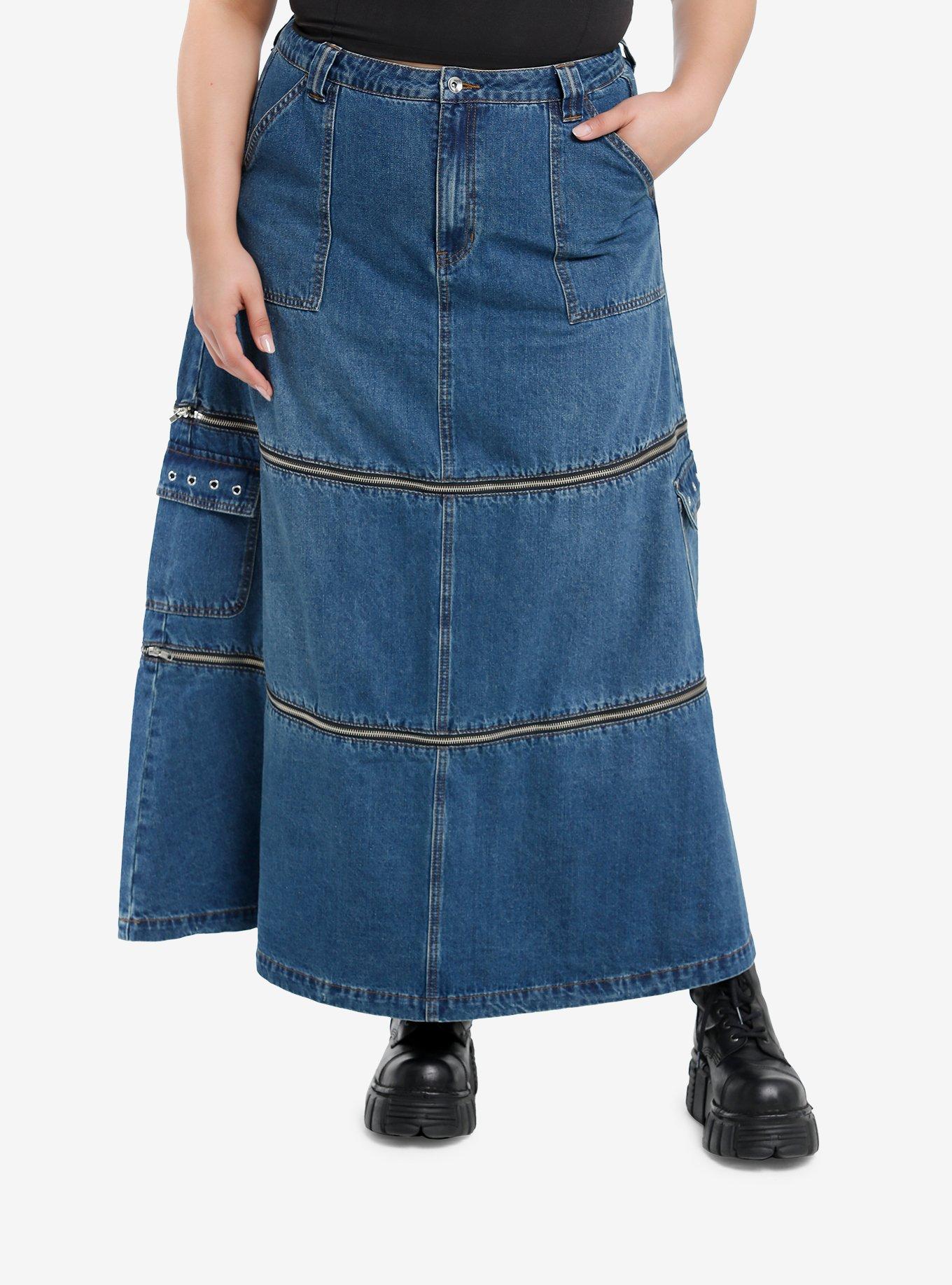 Social Collision Zip-Off Denim Cargo Maxi Skirt Plus Size, INDIGO, hi-res