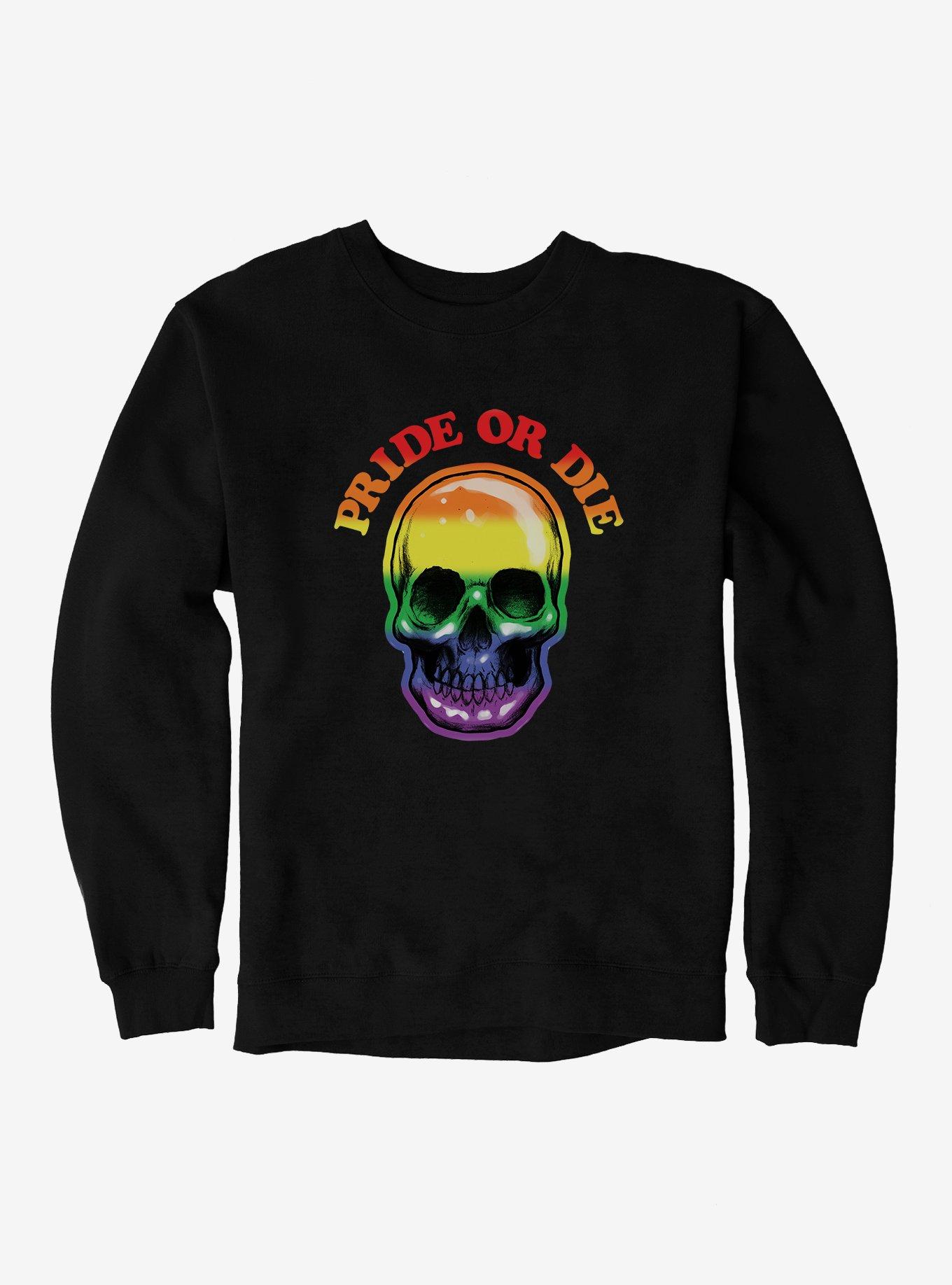Pride Rainbow Skull Pride Or Die Sweatshirt, BLACK, hi-res