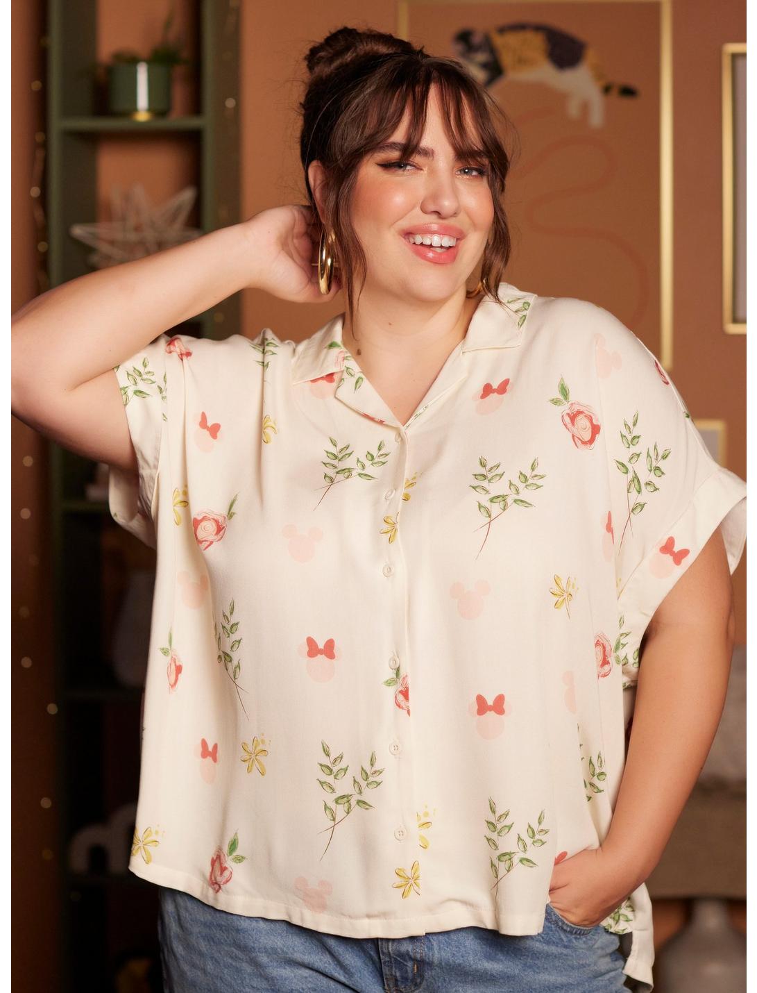 Her Universe Disney Mickey Mouse & Minnie Mouse Floral Woven Plus Size Button-Up Her Universe Exclusive, FLORAL - IVORY, hi-res