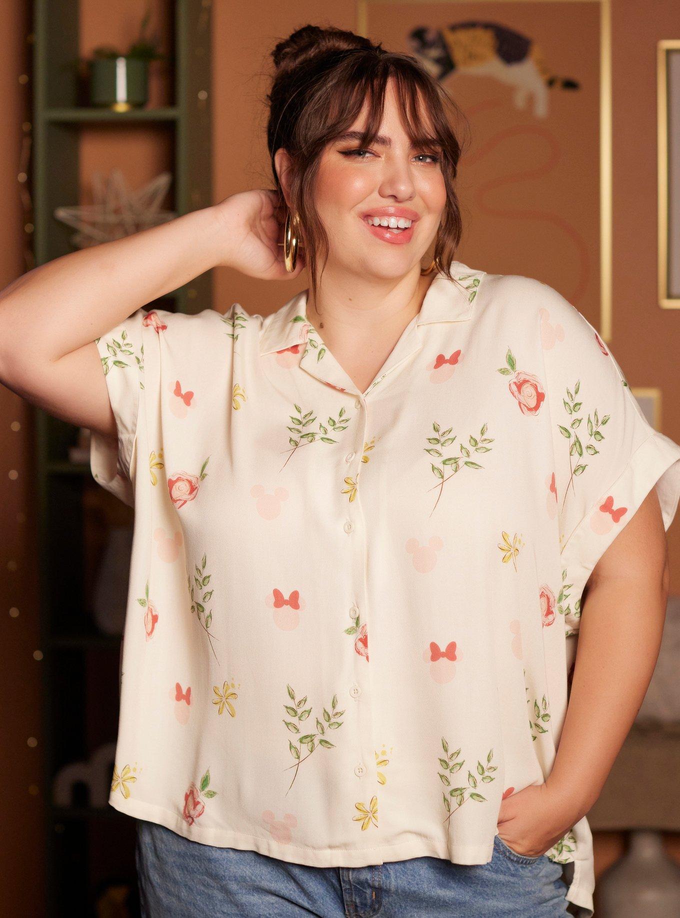 Her Universe Disney Mickey Mouse & Minnie Mouse Floral Woven Plus Size Button-Up Her Universe Exclusive, FLORAL - IVORY, hi-res