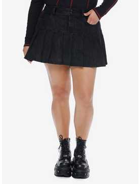 Social Collision Black Pleated Denim Skirt Plus Size, , hi-res