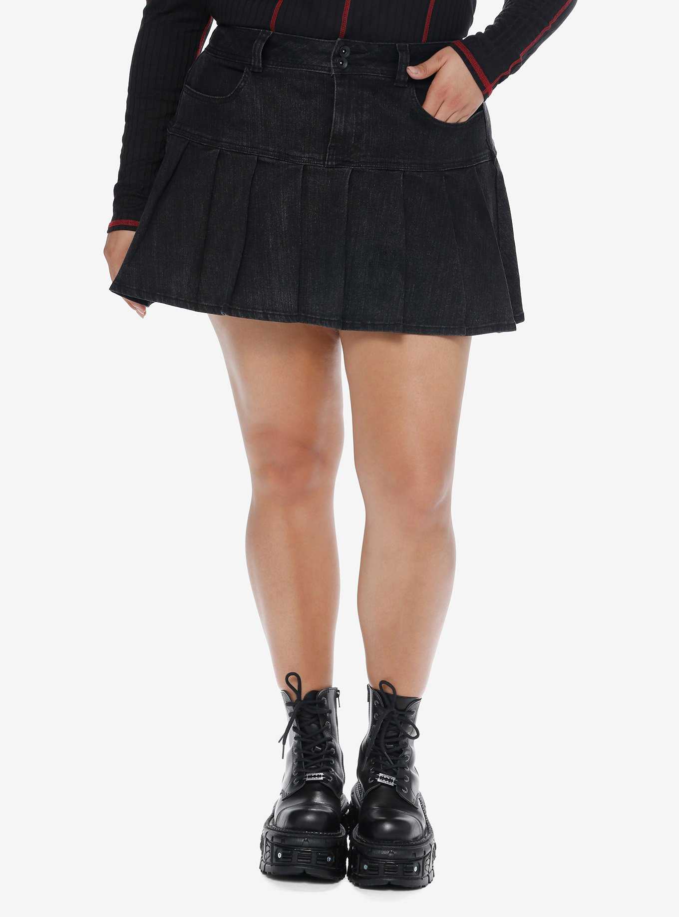 Social Collision Black Pleated Denim Skirt Plus Size, , hi-res