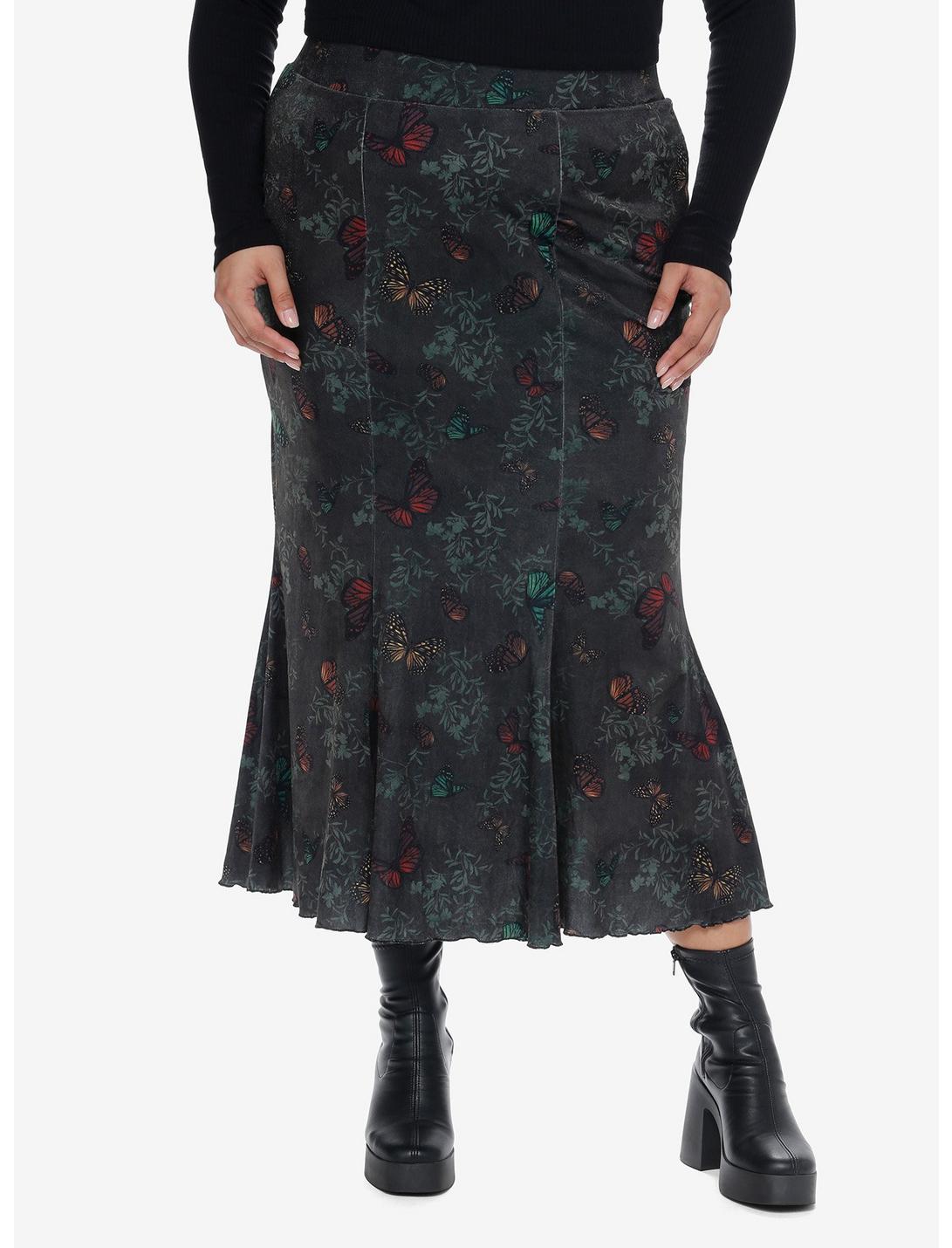 Thorn & Fable Butterfly Velvet Mermaid Midi Skirt Plus Size, ORANGE, hi-res