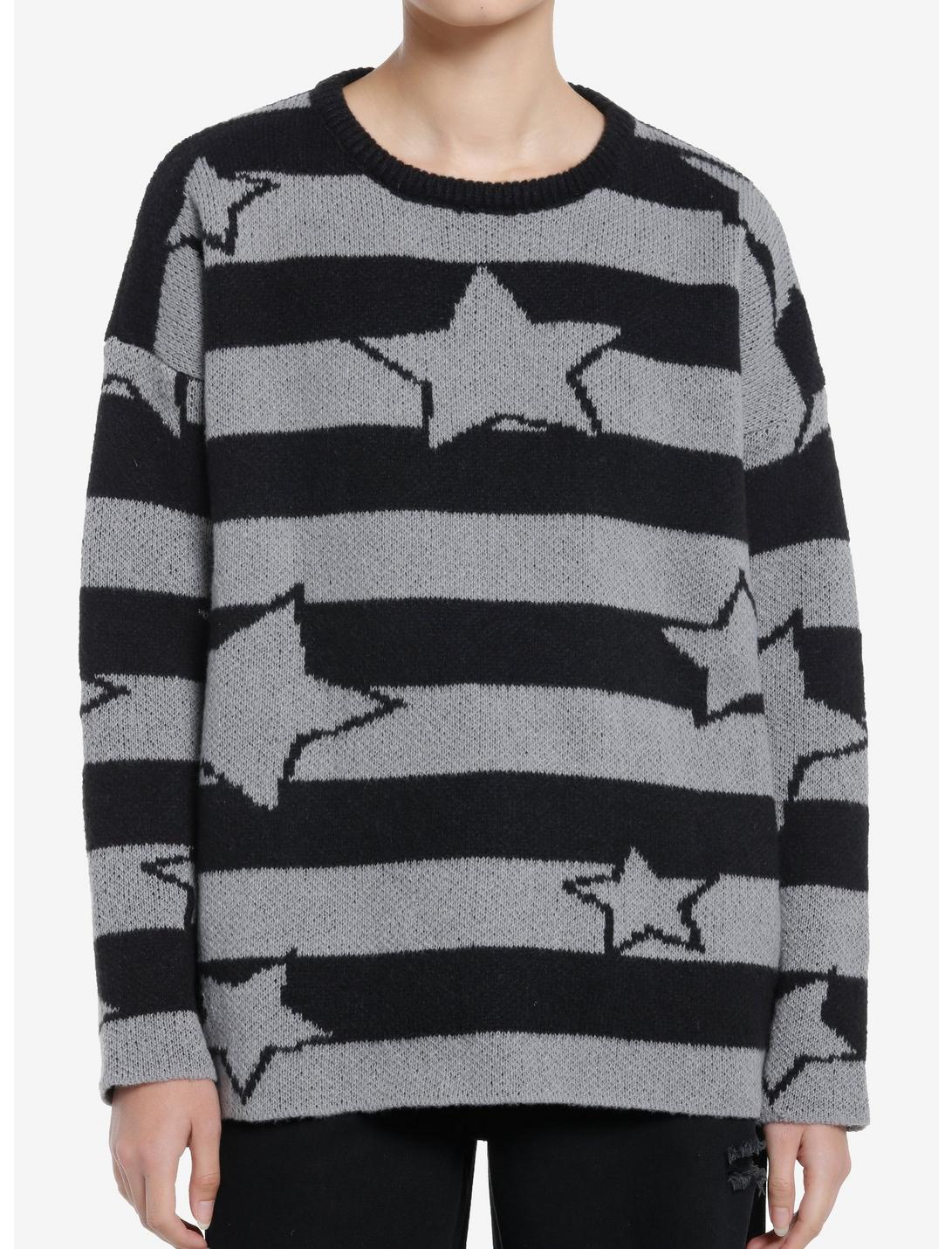Black & Grey Stripe Star Girls Oversized Boxy Knit Sweater, BLACK, hi-res