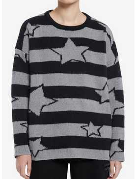 Black & Grey Stripe Star Girls Oversized Boxy Knit Sweater, , hi-res