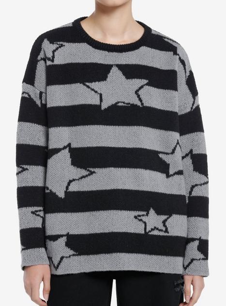 Black & Grey Stripe Star Girls Oversized Boxy Knit Sweater | Hot Topic