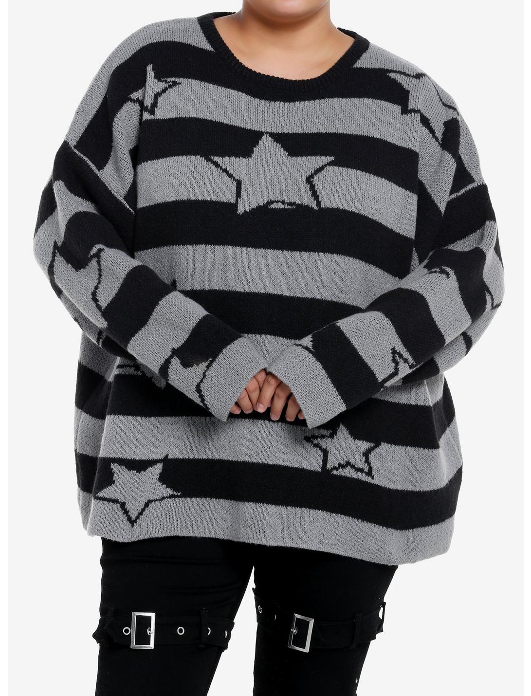Black & Grey Stripe Star Girls Knit Sweater Plus Size, BLACK, hi-res