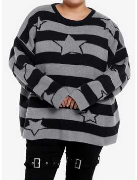 Black & Grey Stripe Star Girls Knit Sweater Plus Size, , hi-res