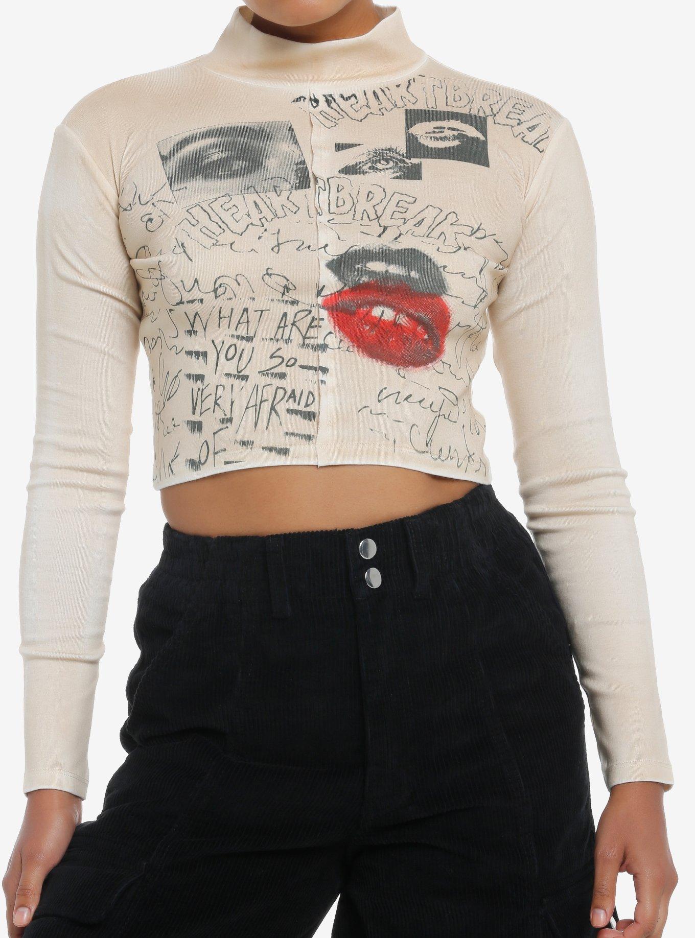 Social Collision Heartbreak Scribbles Tan Mock Neck Girls Long-Sleeve Top, BLACK, hi-res