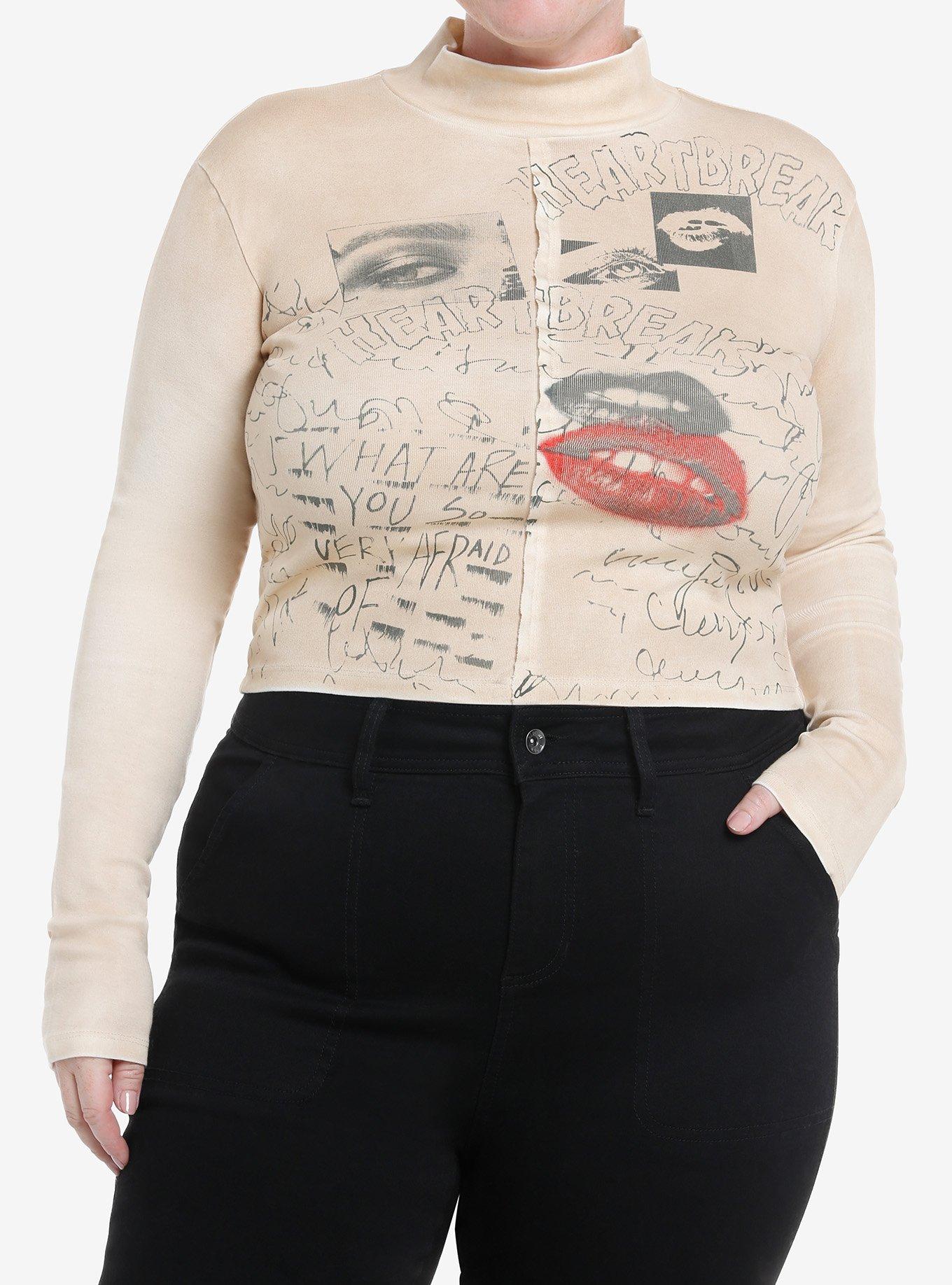 Social Collision Heartbreak Scribbles Tan Mock Neck Girls Long-Sleeve Top Plus Size, , hi-res