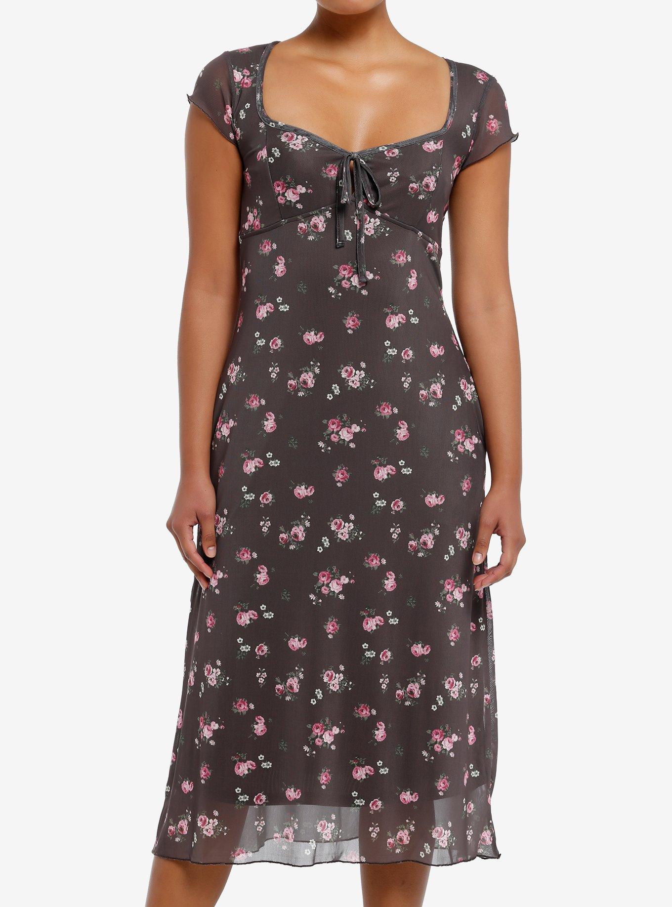 Thorn & Fable Brown Pink Roses Midaxi Dress, PINK, hi-res