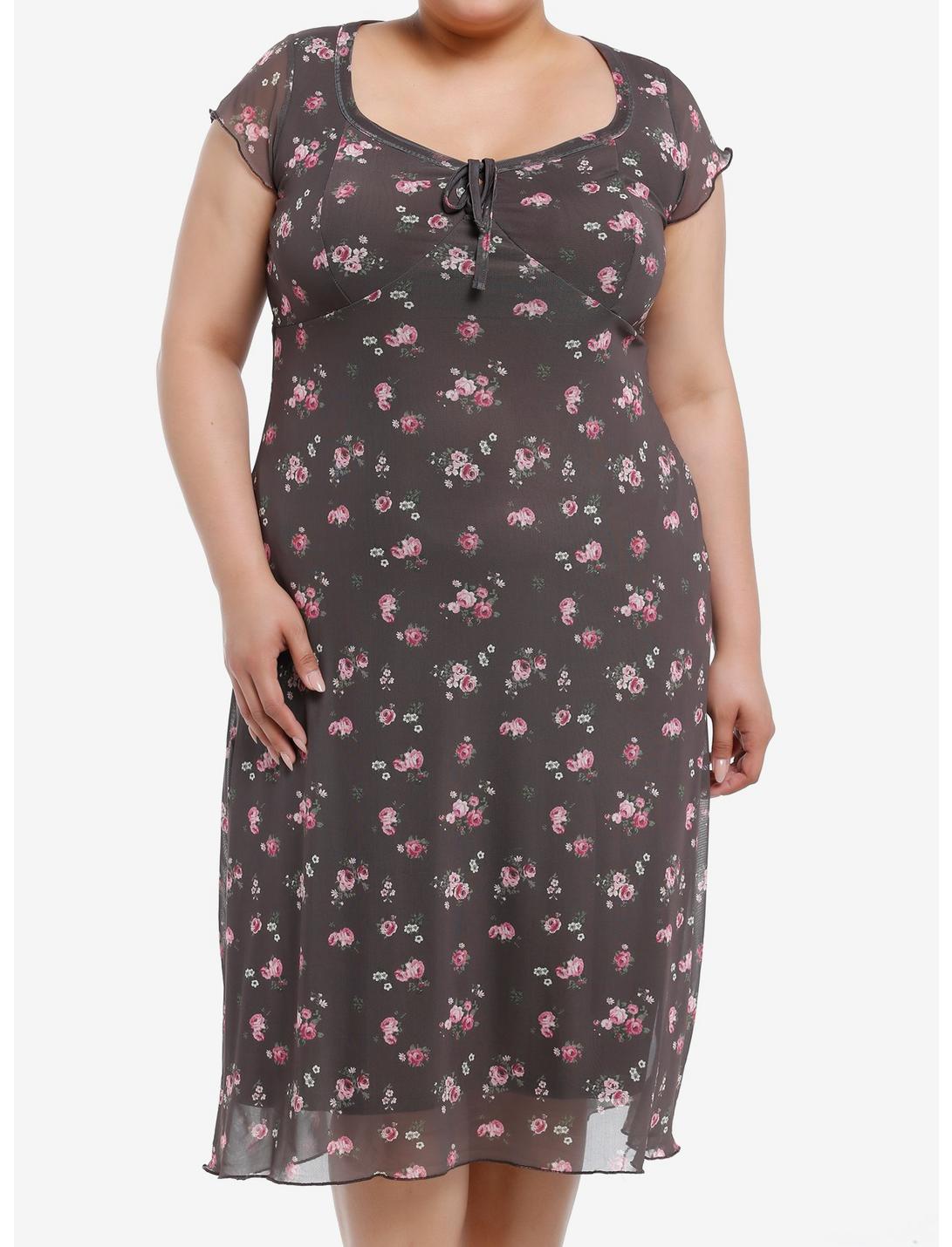 Thorn & Fable Brown Pink Roses Midaxi Dress Plus Size, PINK, hi-res