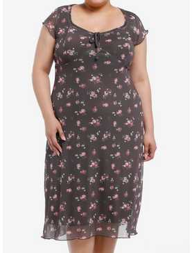 Thorn & Fable Brown Pink Roses Midaxi Dress Plus Size, , hi-res
