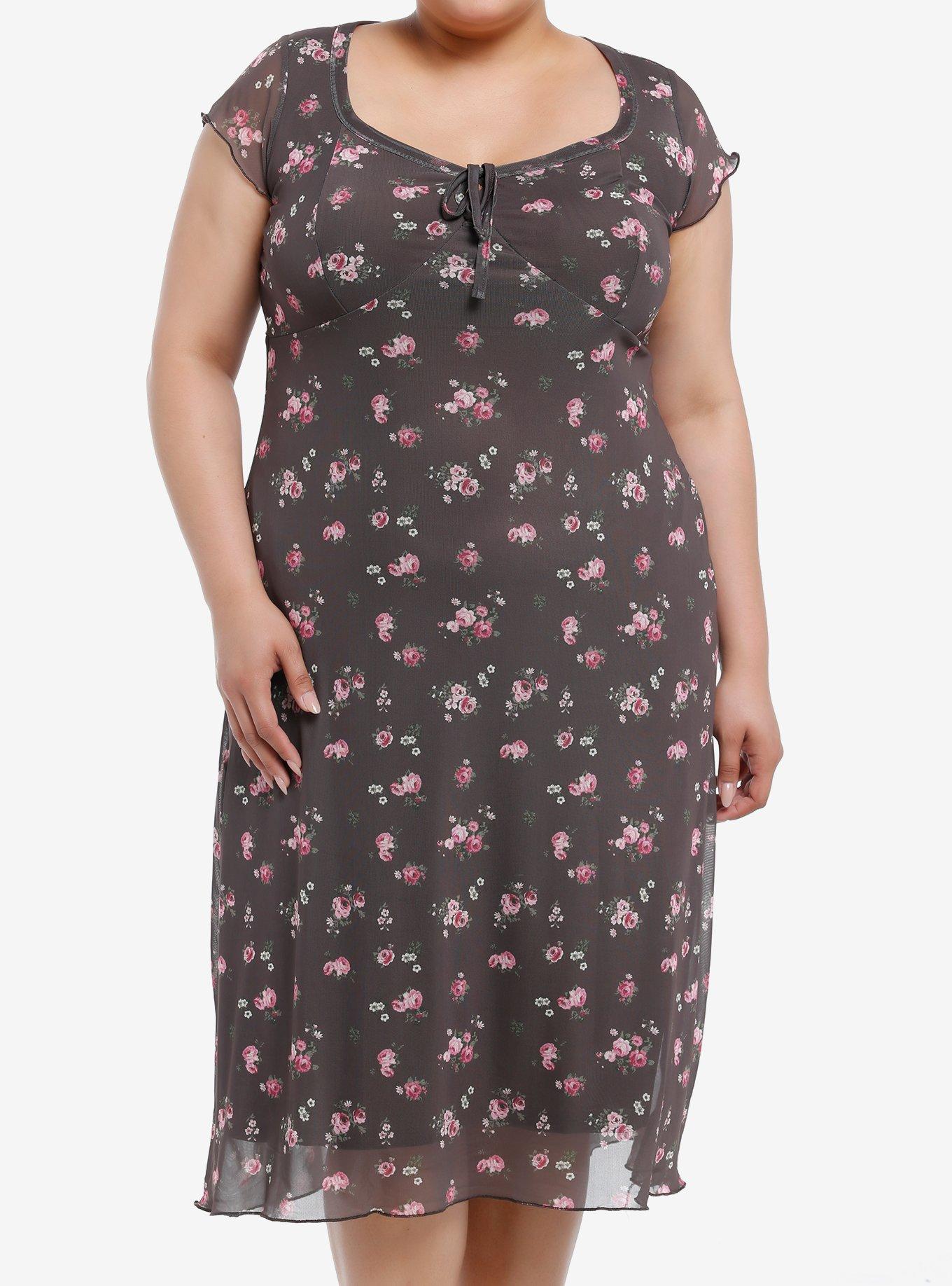 Thorn & Fable Brown Pink Roses Midaxi Dress Plus Size, PINK, hi-res
