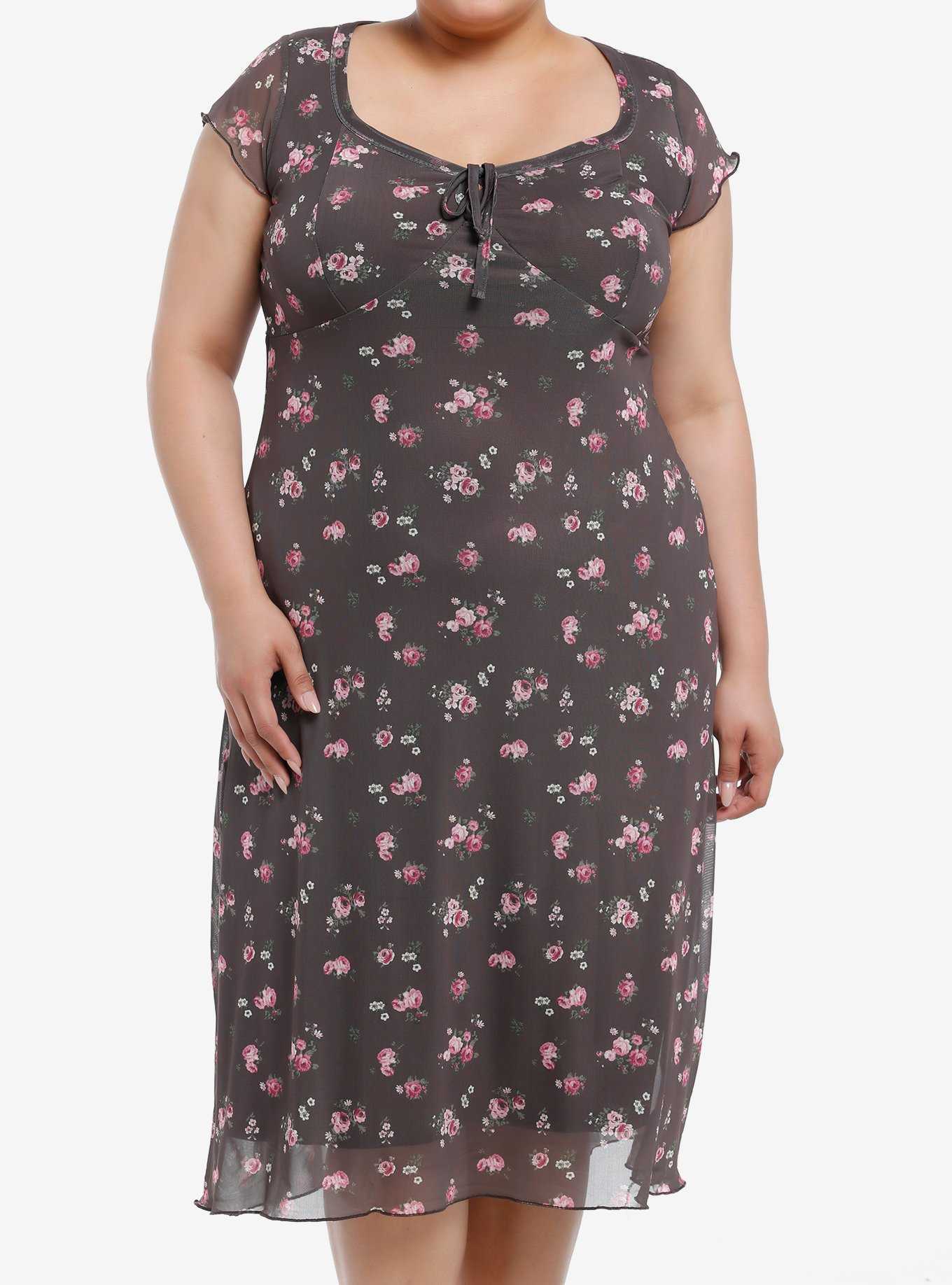 Thorn & Fable Brown Pink Roses Midaxi Dress Plus Size, , hi-res