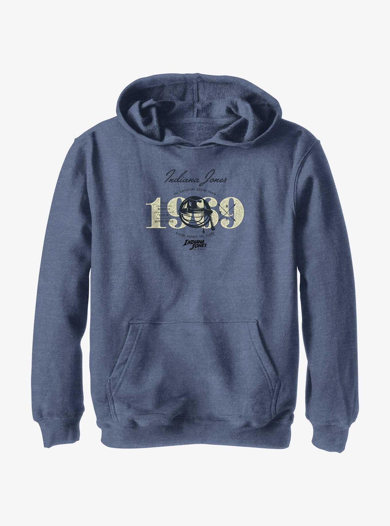 Indiana Jones and the Dial of Destiny 1969 Adventure Begins Again Youth Hoodie, NAVY HTR, hi-res