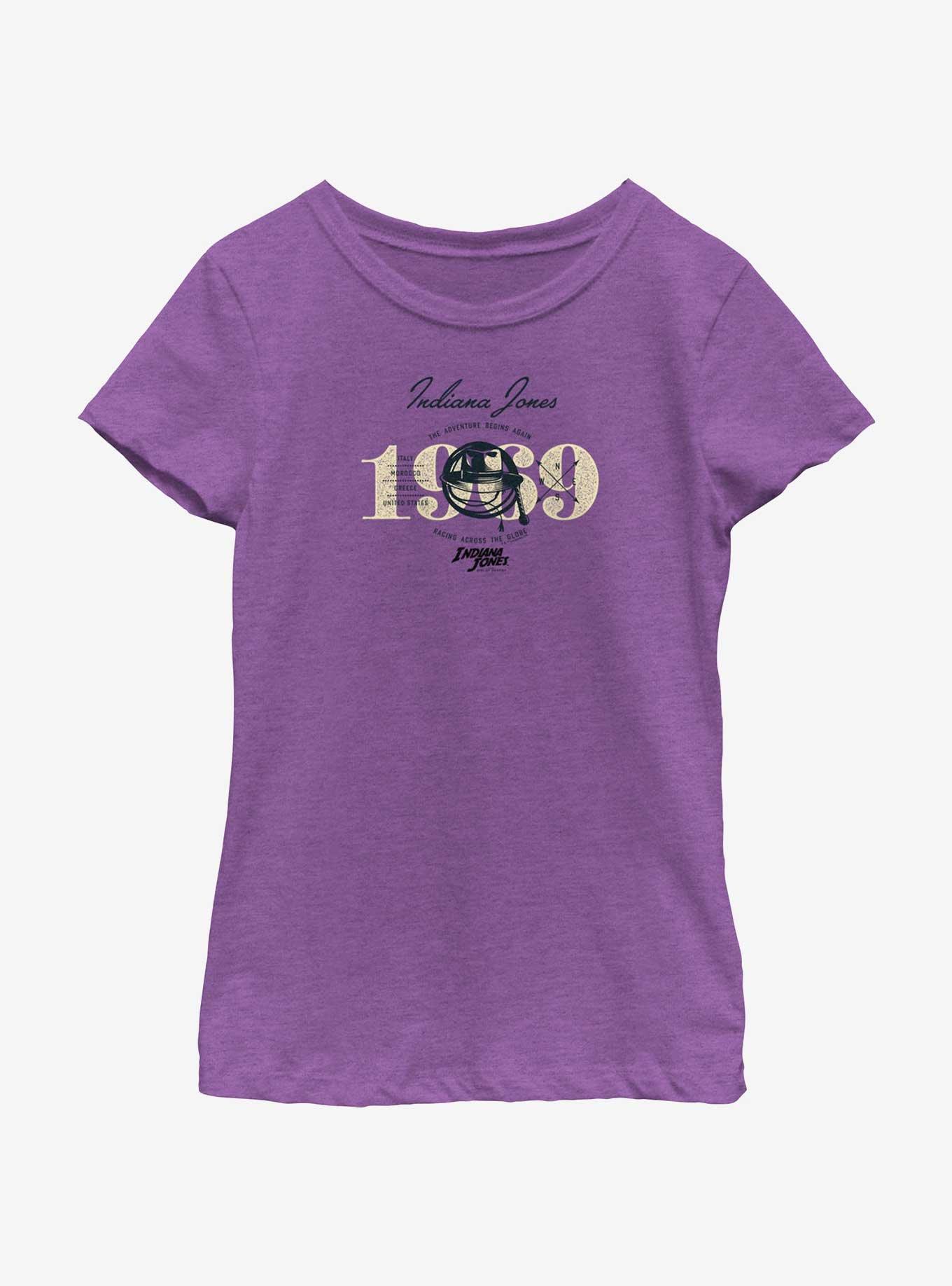 Indiana Jones and the Dial of Destiny 1969 Adventure Begins Again Girls Youth T-Shirt, PURPLE BERRY, hi-res