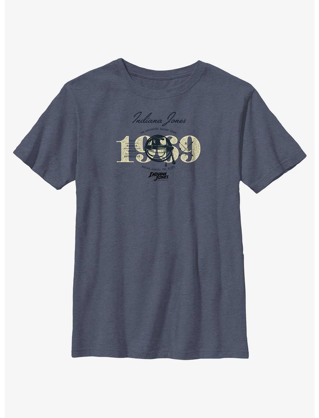 Indiana Jones and the Dial of Destiny 1969 Adventure Begins Again Youth T-Shirt, NAVY HTR, hi-res
