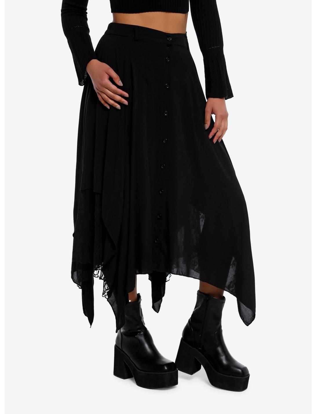 Black Lace Hanky Hem Midi Skirt, BLACK, hi-res