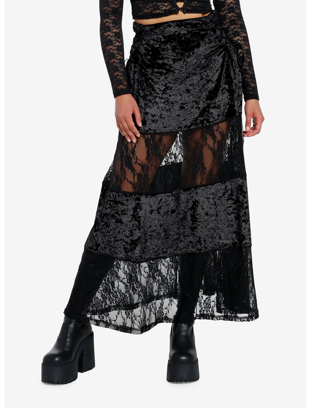 Black Velvet Lace Panel Maxi Skirt, BLACK, hi-res