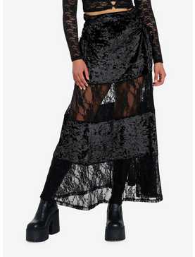 Black Velvet Lace Panel Maxi Skirt, , hi-res