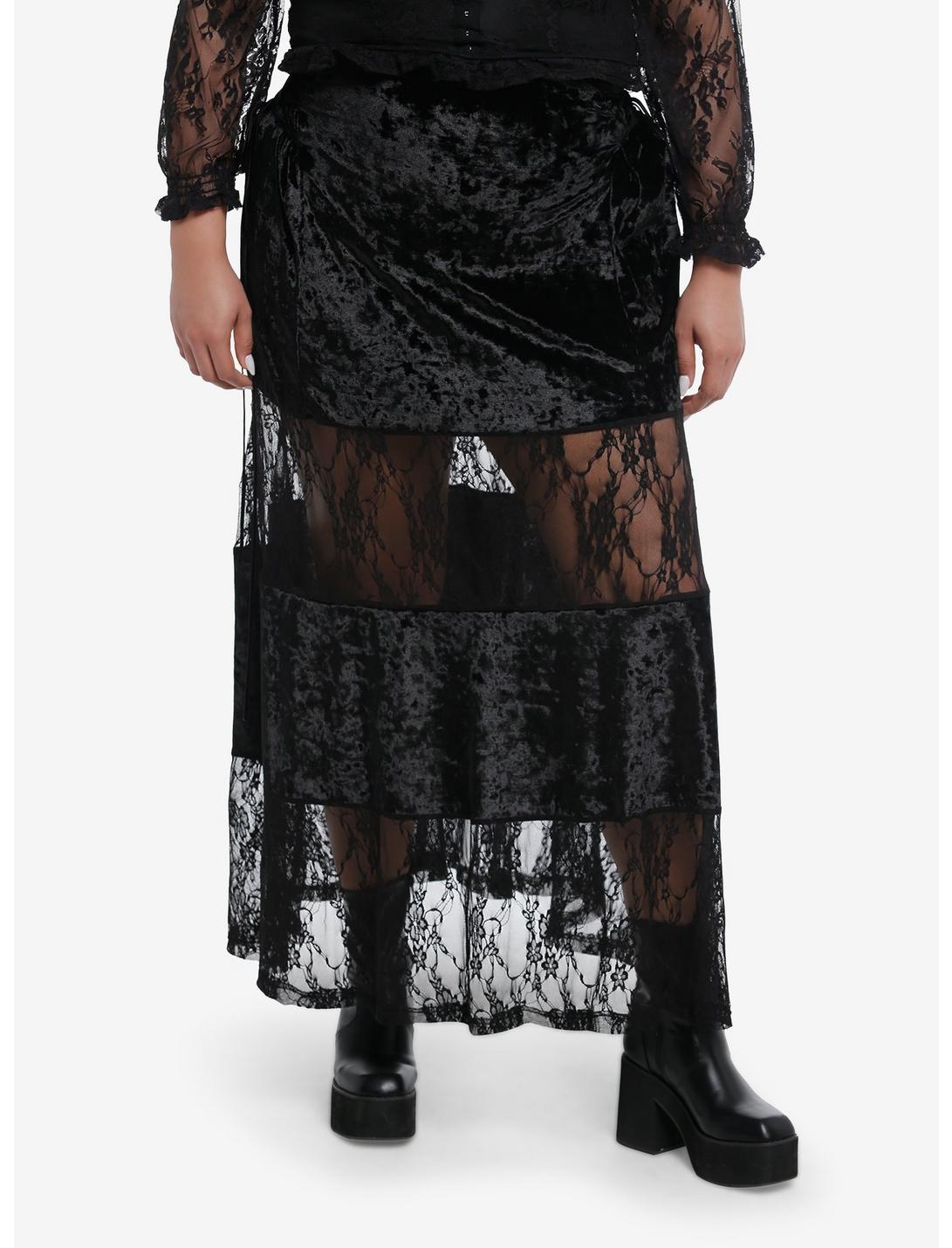 Black Velvet Lace Panel Maxi Skirt Plus Size, BLACK, hi-res