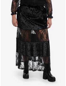 Black Velvet Lace Panel Maxi Skirt Plus Size, , hi-res