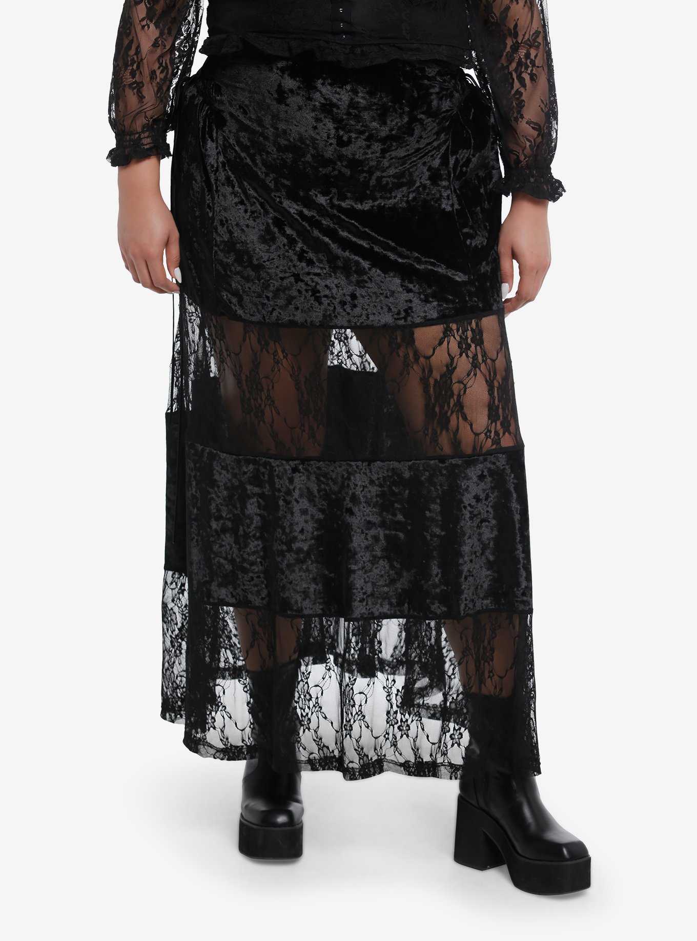 Black Velvet Lace Panel Maxi Skirt Plus Size, , hi-res