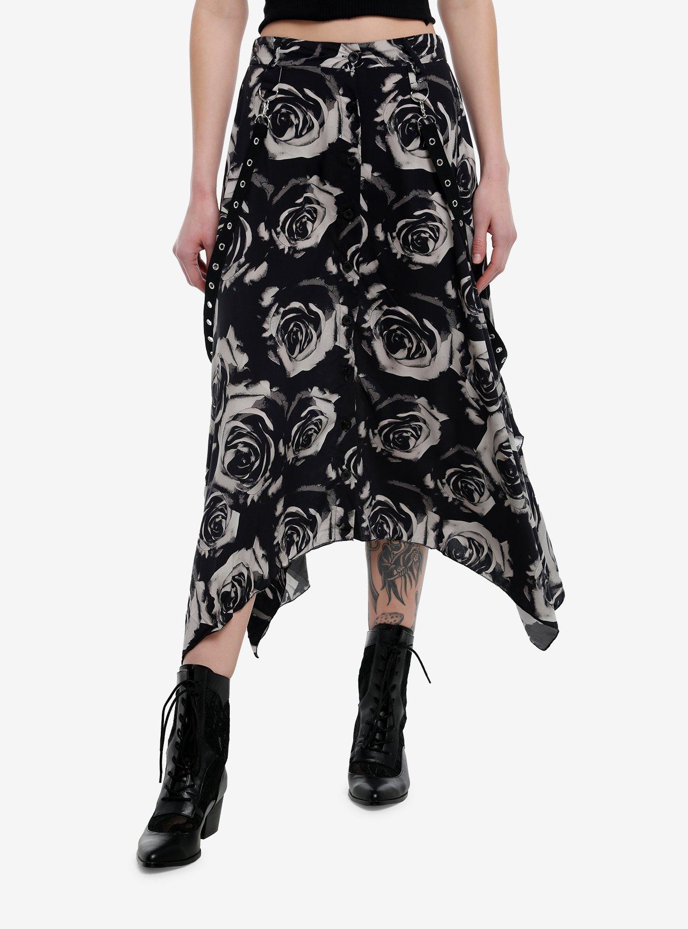 Black & Grey Rose Grommet Hem Hanky Hem Midi Skirt, , hi-res